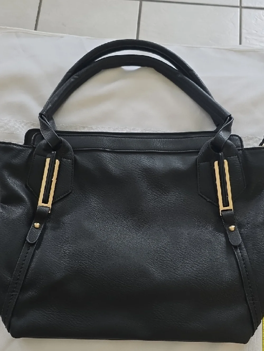 Conceal Carry Classic Black Faux Leather Tote w/ Gold Hardware, Zipper & Lock